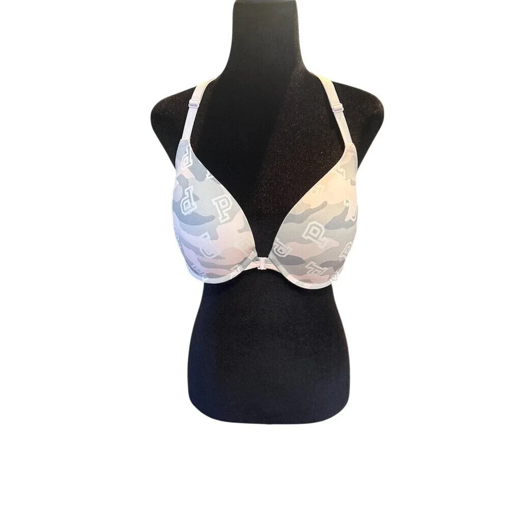 Victoria's Secret PINK Push Up Bra 36D Gray Camo Front Closure